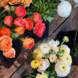 Load image into Gallery viewer, Bouquets of flowers including white, orange, and pink ranunculus on a wooden surface.